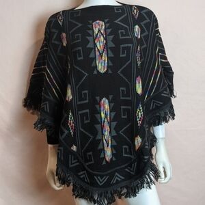Black Aztec Print Partial Sleeve Poncho Made In Mexico